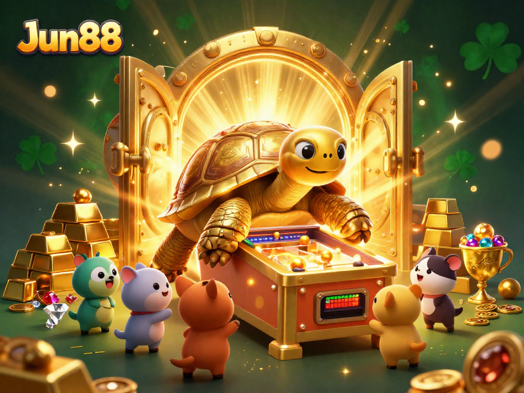 Engage with exciting games at Jun88 featuring a golden tortoise pinball machine, treasure vaults, and dynamic gambling elements.