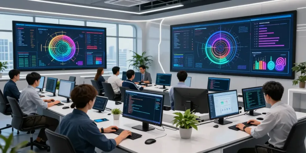 A diverse team in a futuristic AI control room analyzing what are AI tokens while monitoring energy metrics.