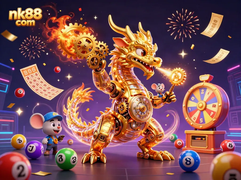 Experience the thrill of nk88 com with our vibrant casino illustration featuring a golden dragon and dynamic lottery elements.