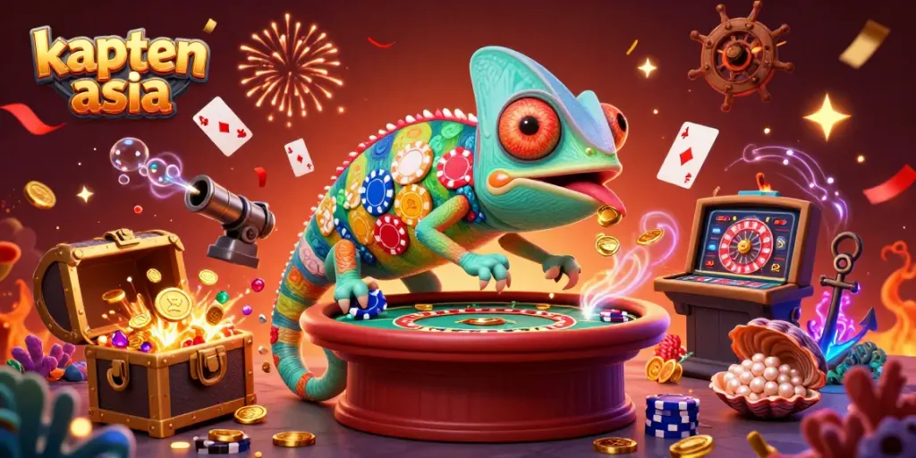 Kapten Asia memicu kemenangan dengan chameleon pemilik kasino dan harta karun bawah laut yang berkilauan di casino.