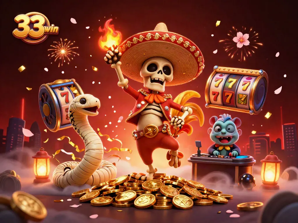 Experience exciting moments with 33win's dynamic casino scene featuring lively characters and winning elements.