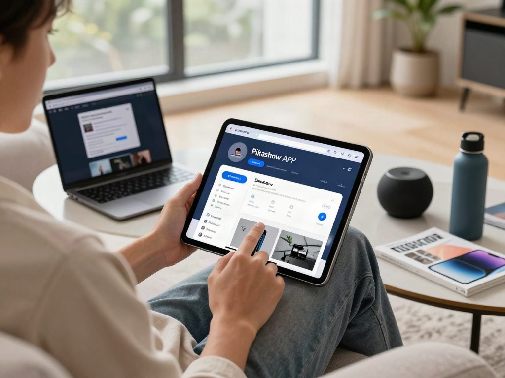 Pikashow APK download showcased on a tablet in a modern tech environment, illustrating a stylish user experience with devices.