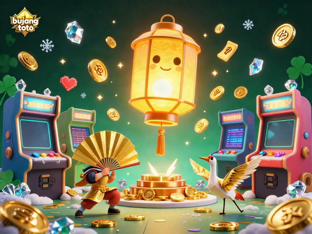 Experience the excitement of bujang toto with a vibrant casino scene featuring a glowing lantern spirit and colorful game elements.