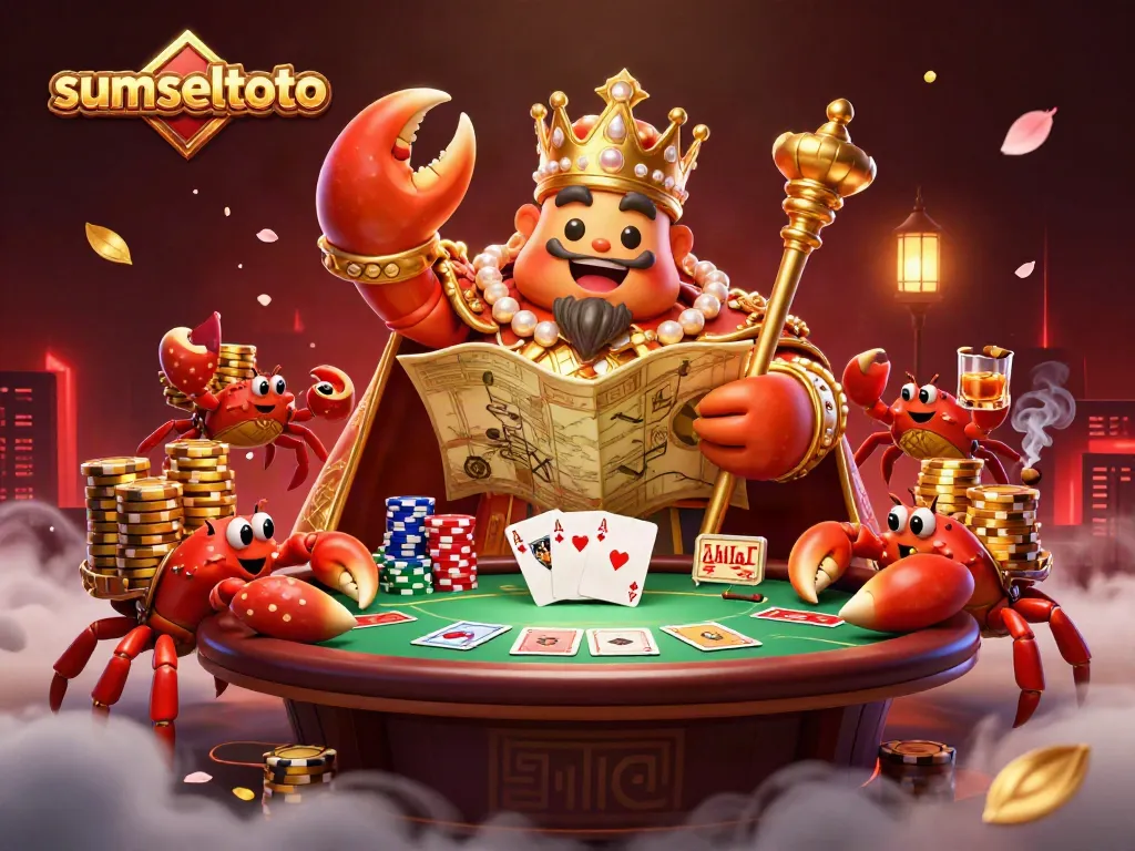 Sumseltoto showcases a vibrant 3D crab emperor amidst a rich casino scene filled with poker elements.
