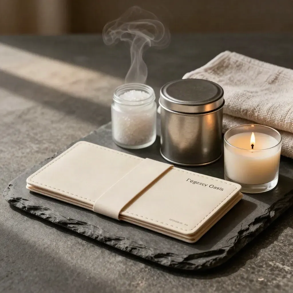 Luxury spa getaway package items on a slate tray with steam in soft morning light.