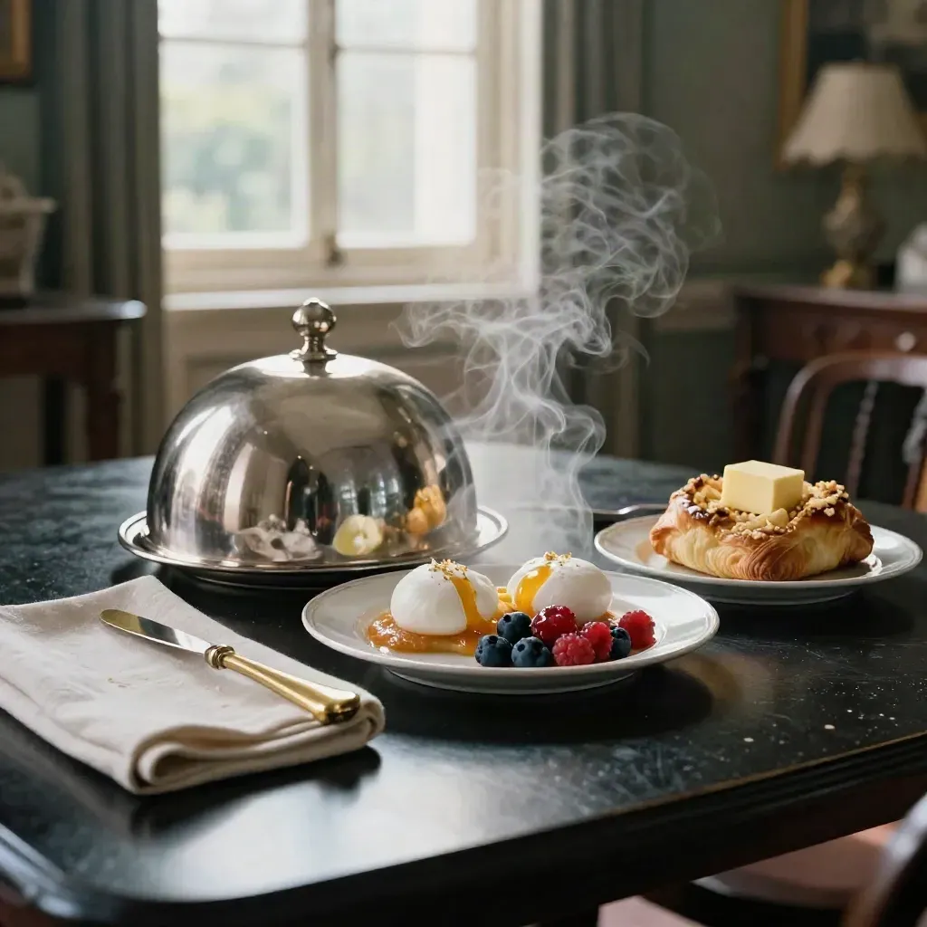Silver cloche, poached eggs, berries and pastry on a dark breakfast table with steam