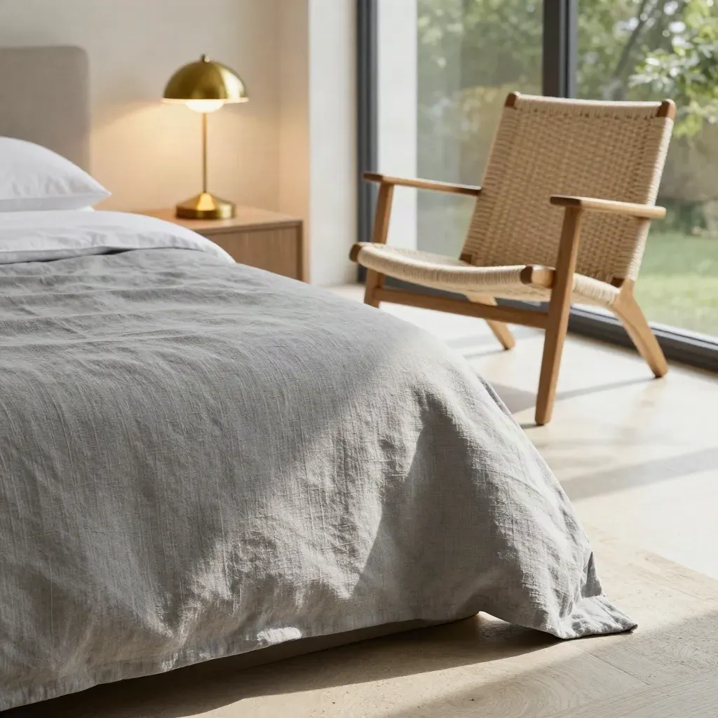 Terrace king room bedding, brass lamp, and garden chair in morning light.