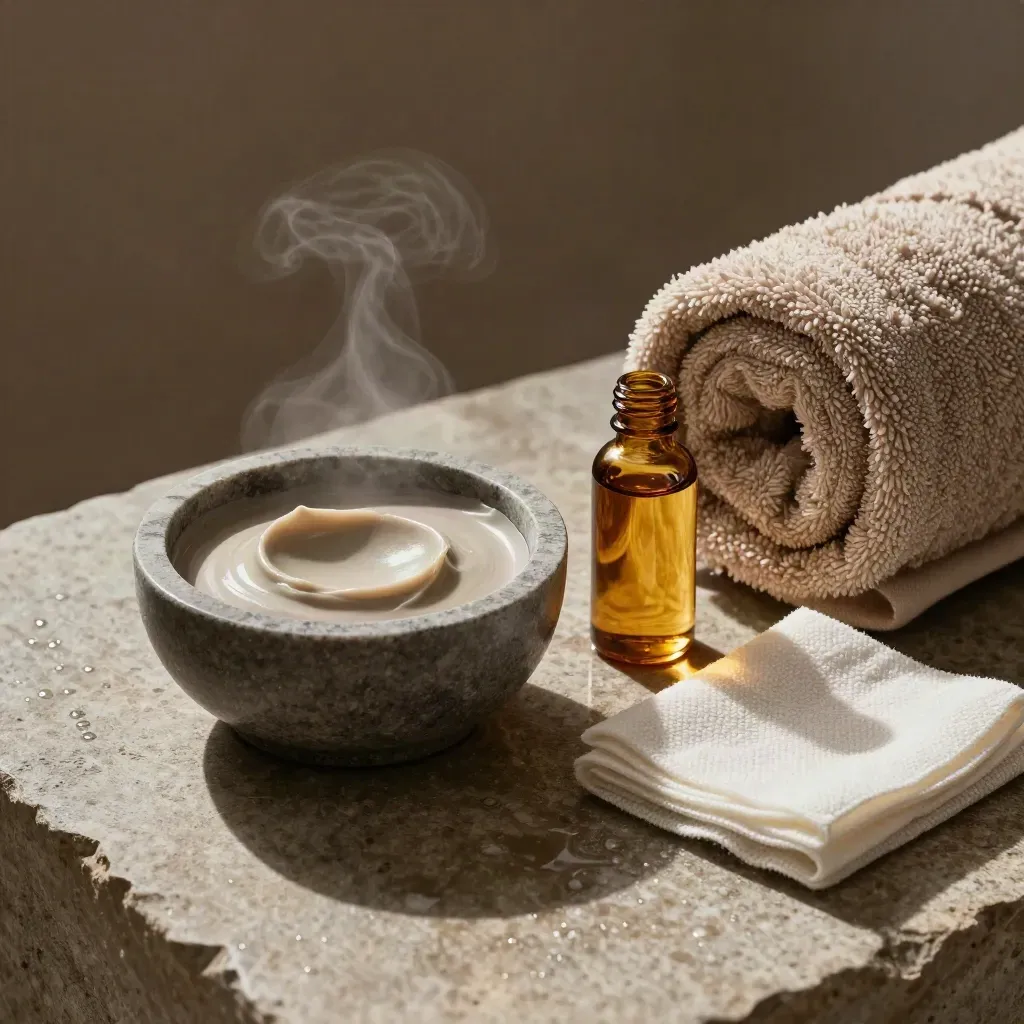Spa ritual items on wet limestone with steam, amber oil, clay mask, gauze and towel
