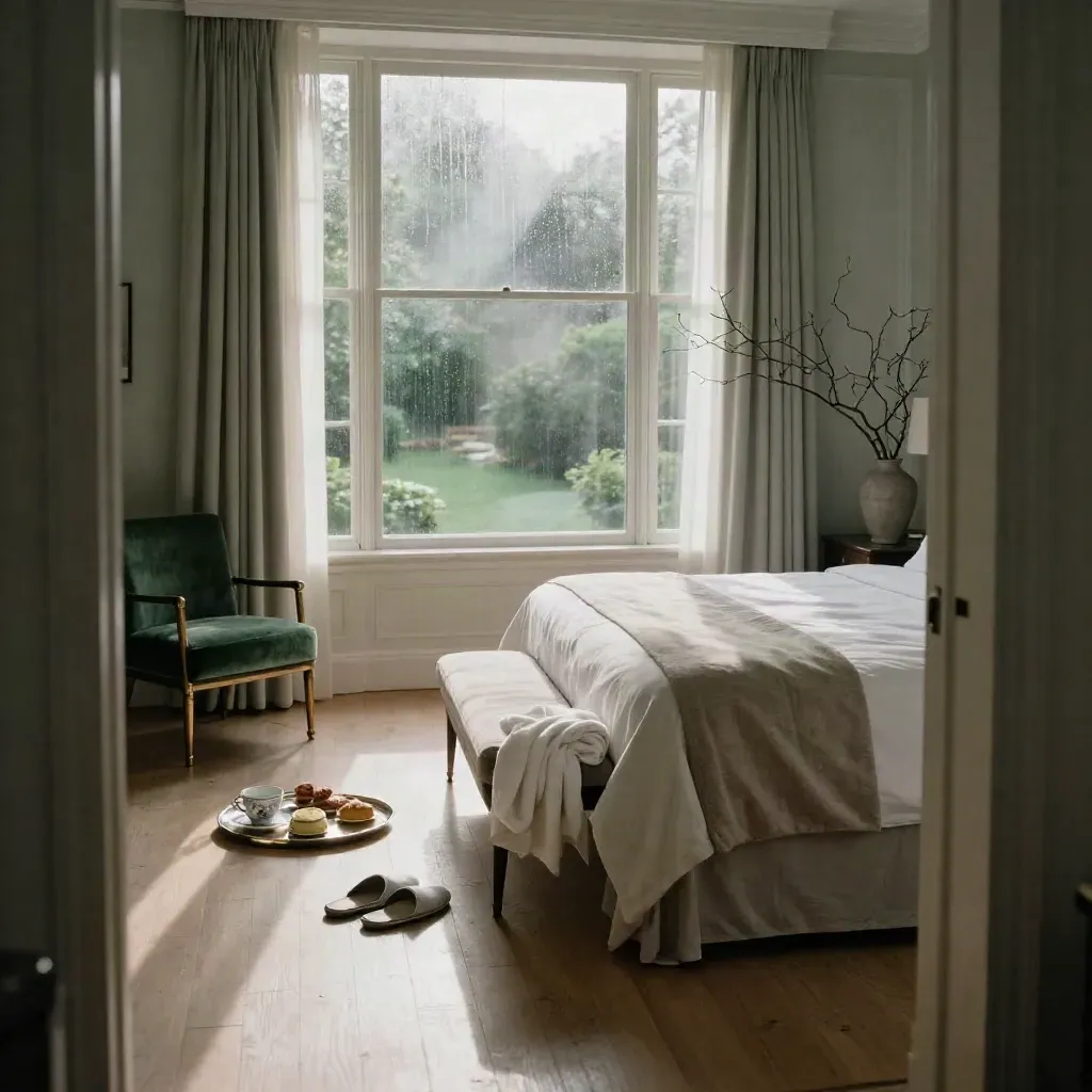 Luxury suite interior with bed, breakfast tray, robe, slippers and morning rain light