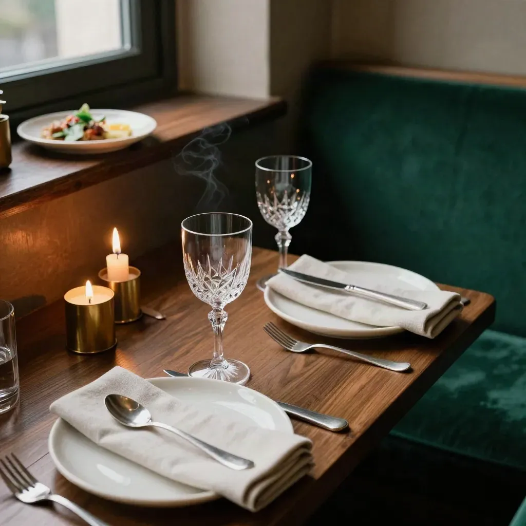 Private dinner for two with candles, wine glasses, linens, and covered dishes in an alcove.