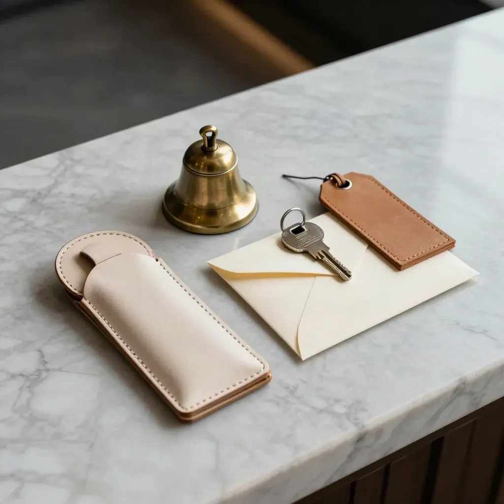 Top-down concierge kit on marble with bell, key sleeve, leather tag and blank itinerary envelope.