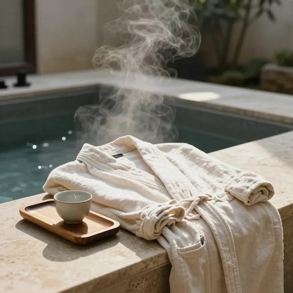 Courtyard spa bath edge with linen robe, tea cup, timber tray and curling steam.