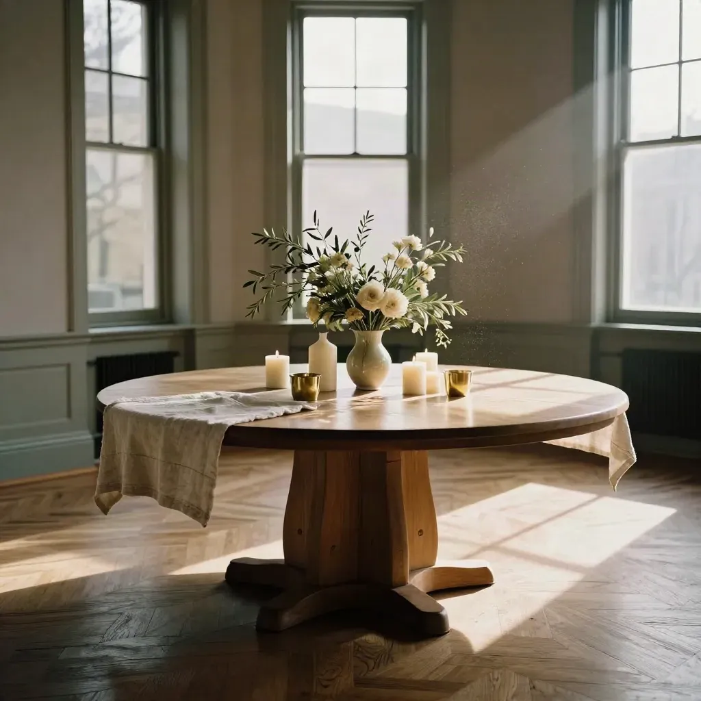 Elegant empty event salon with candles, flowers, parquet floor, and afternoon light