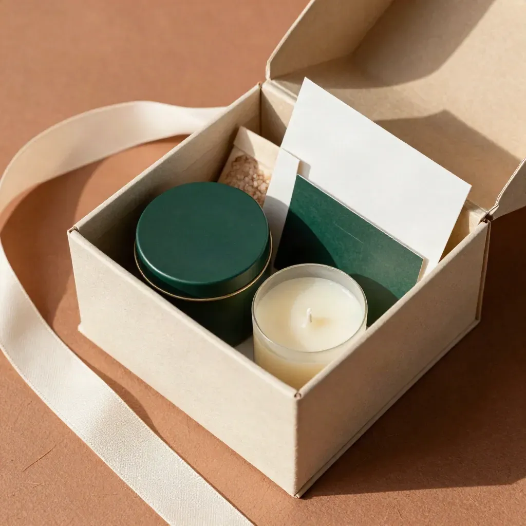 Top-down open couples getaway gift box with tea, salts, candle, and ribbon on terracotta plaster.