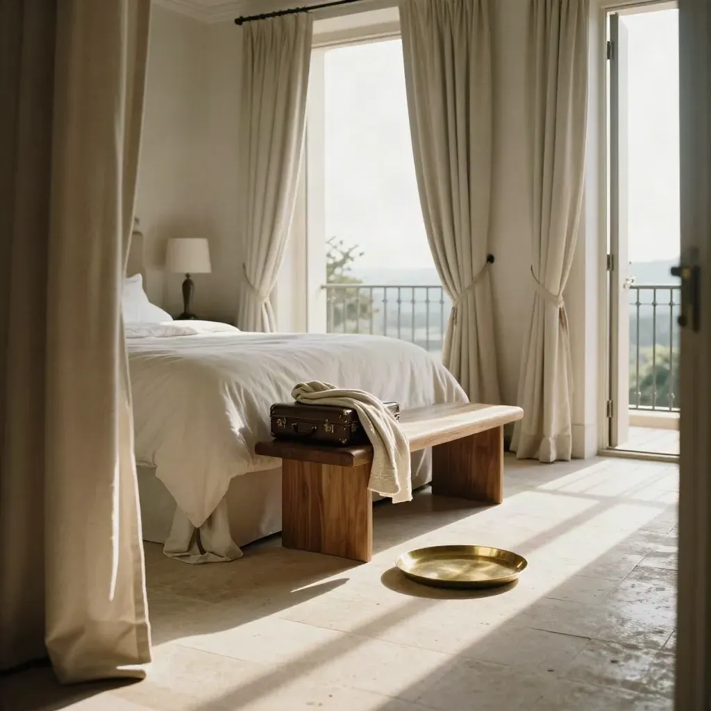 Luxury suite with open balcony doors, bed, curtains, luggage bench, and sunlit shadows.