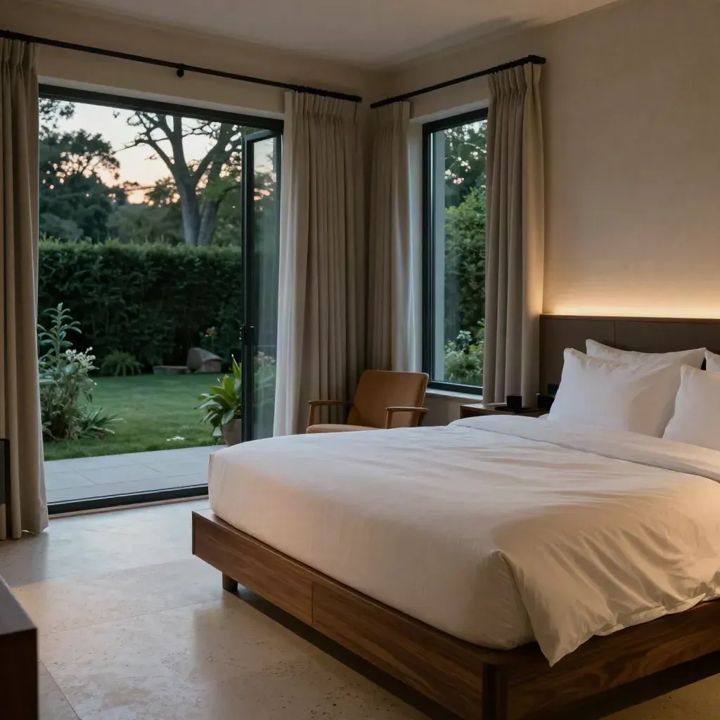 Luxury king room at dusk with garden view, drapes, chair, robe, and soft evening light.