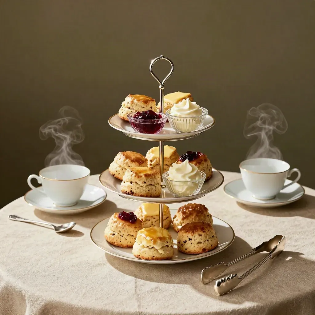 Afternoon tea tier with scones, jam, cups, and steam on a linen table