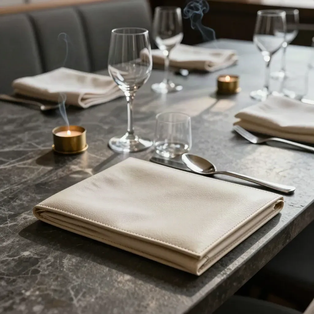 Private dining table flatlay with ivory napkins, crystal stemware, votives and a face-down folder