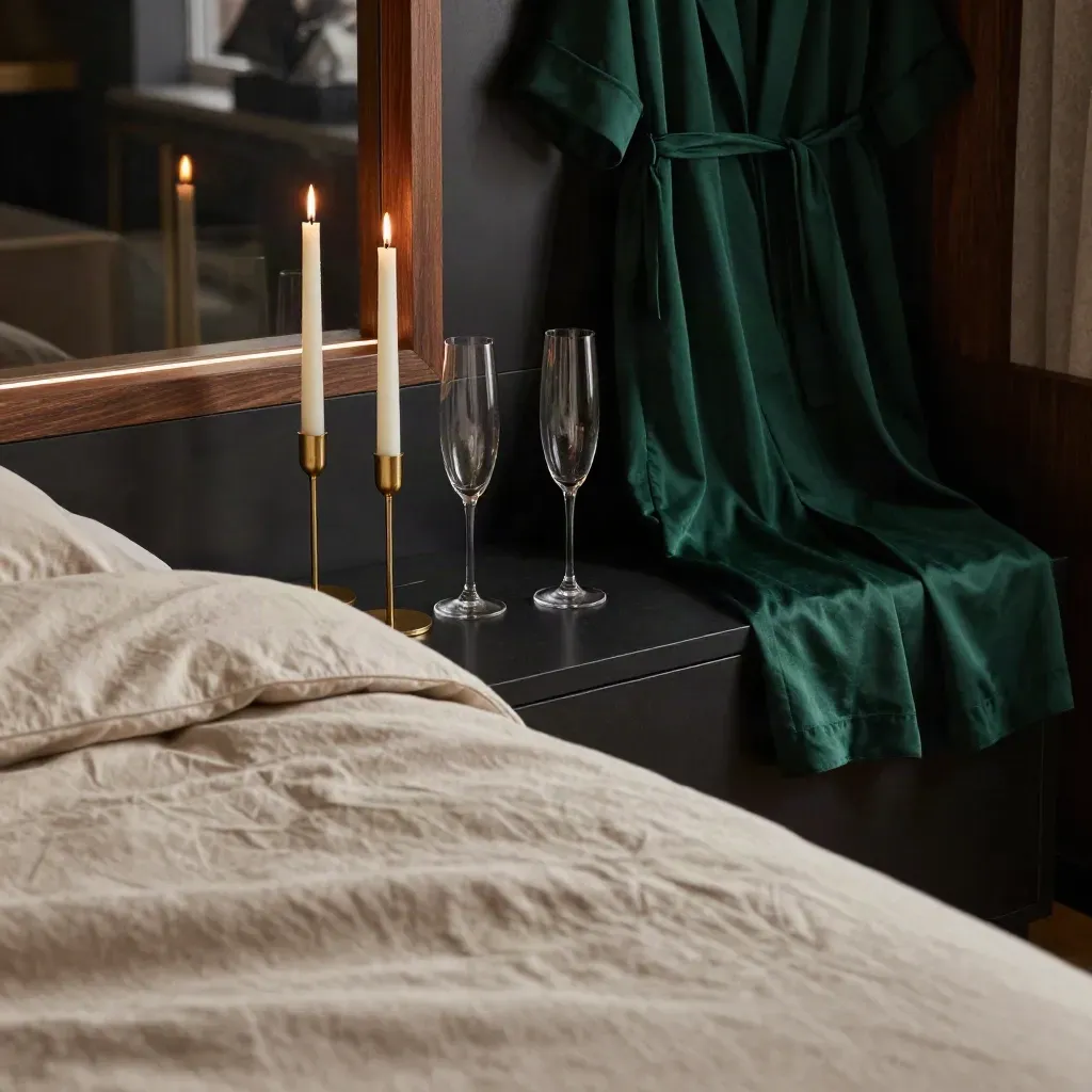 Candlelit suite corner with flutes, rumpled duvet and robe drape, glowing softly in haze.