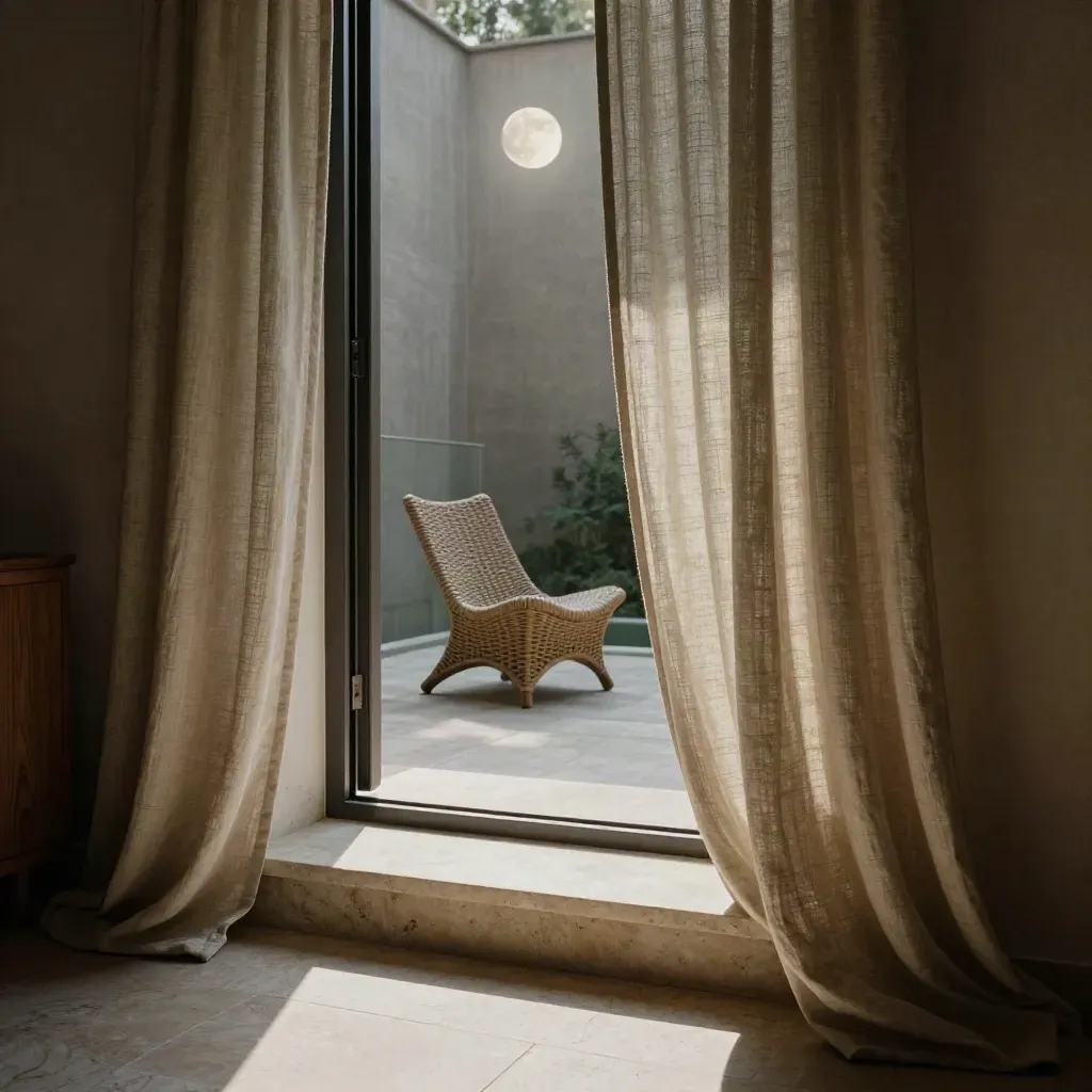 Open balcony door, linen curtain, stone sill, and moonlit chair in a serene suite.
