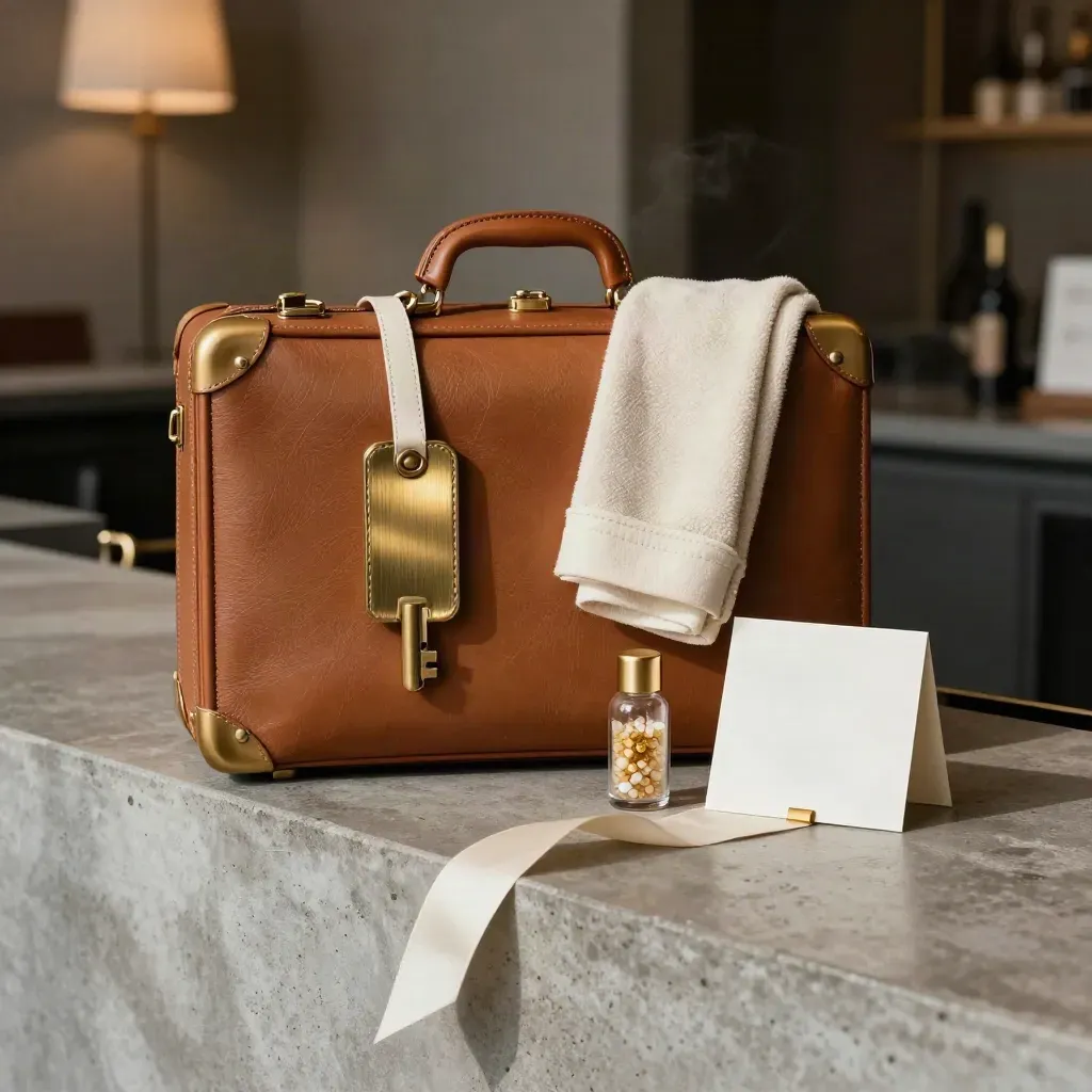 Luxury concierge arrival kit with valise, key sleeve, ribbon and bath salts on stone console.