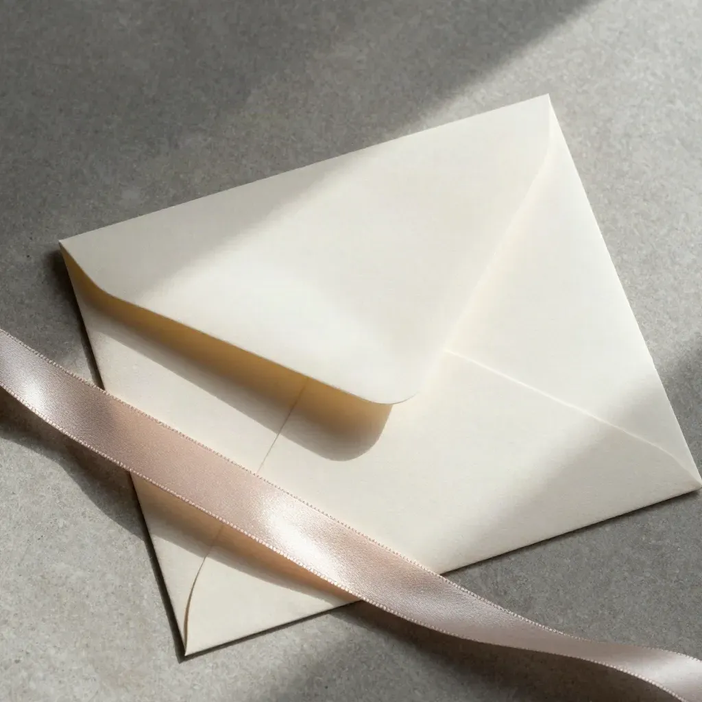Ivory gift envelope with satin ribbon and metallic card edge on stone.