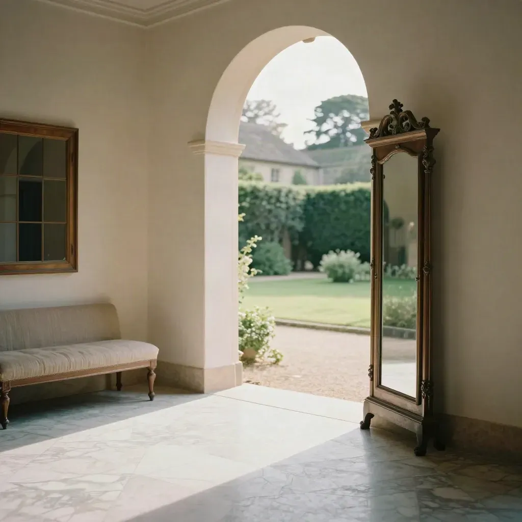 Sunlit manor corridor with marble floor, mirror, bench, and garden court beyond