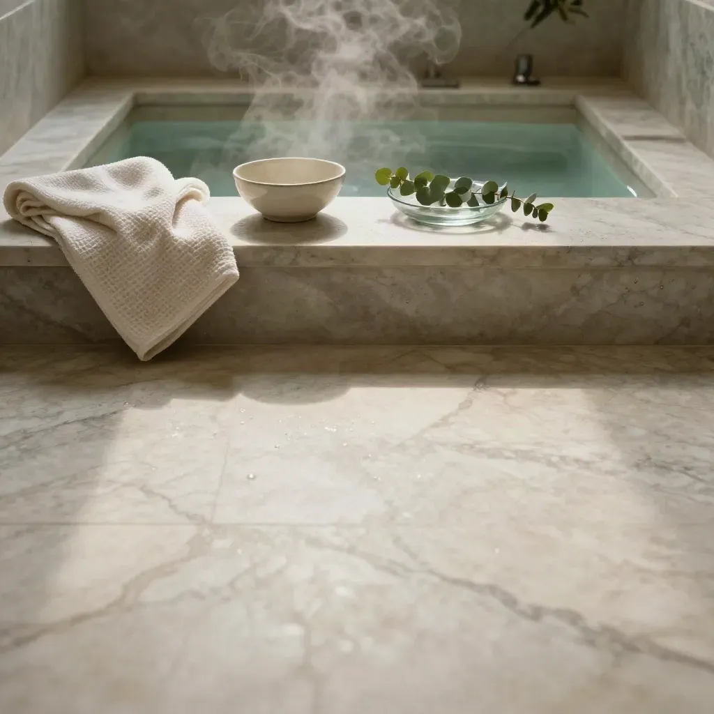 Marble spa surface with towel, bowl, eucalyptus, and steam in soft raking light