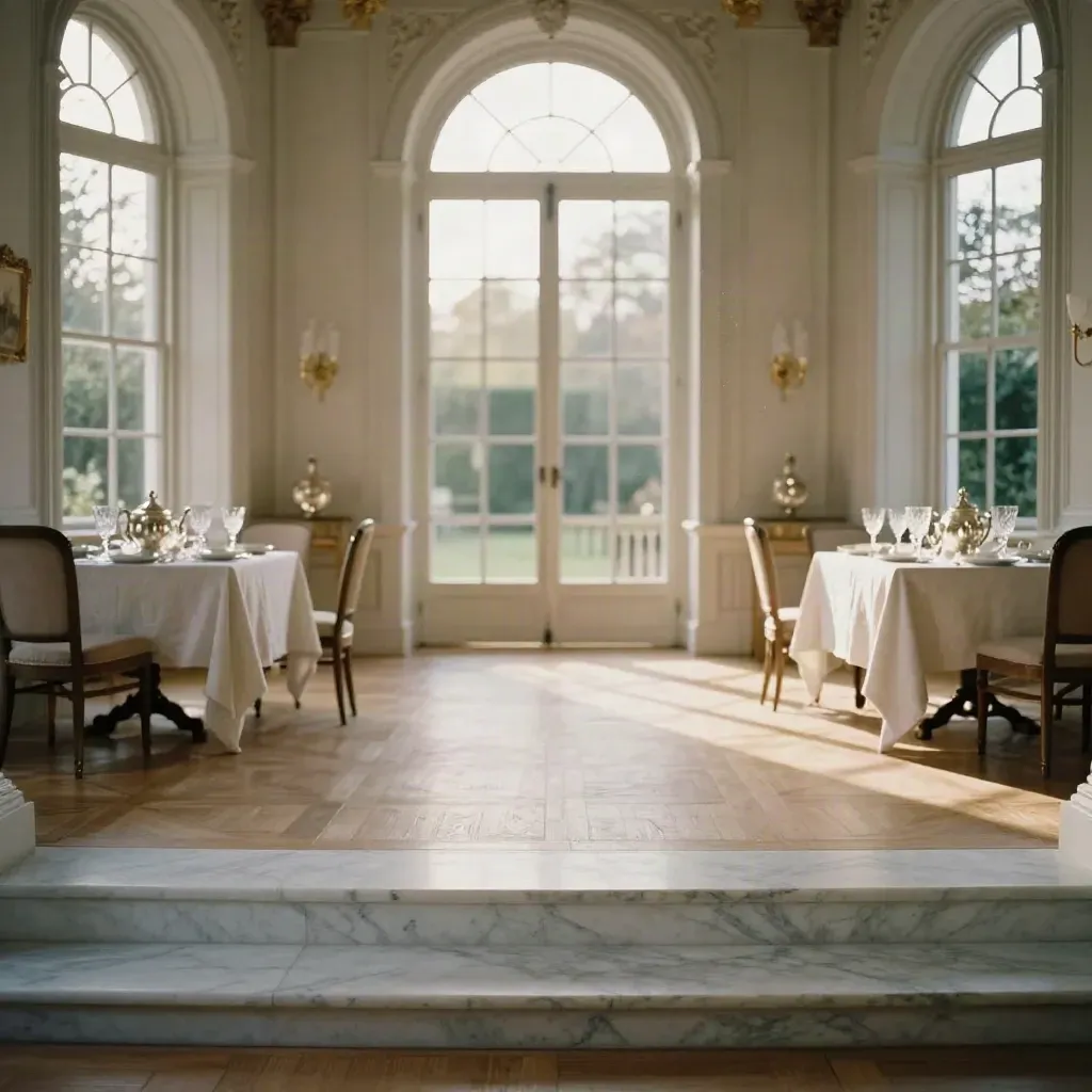 Sunlit grand dining room with tea tables, chandelier glow, and calm parquet floor.