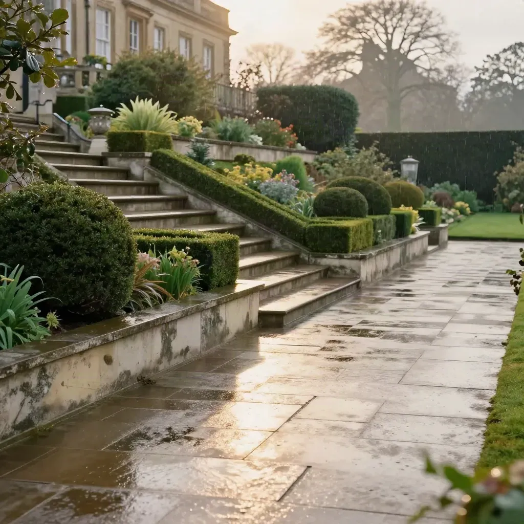 Golden terrace garden with stone steps, topiary, and a house above in soft rain mist.