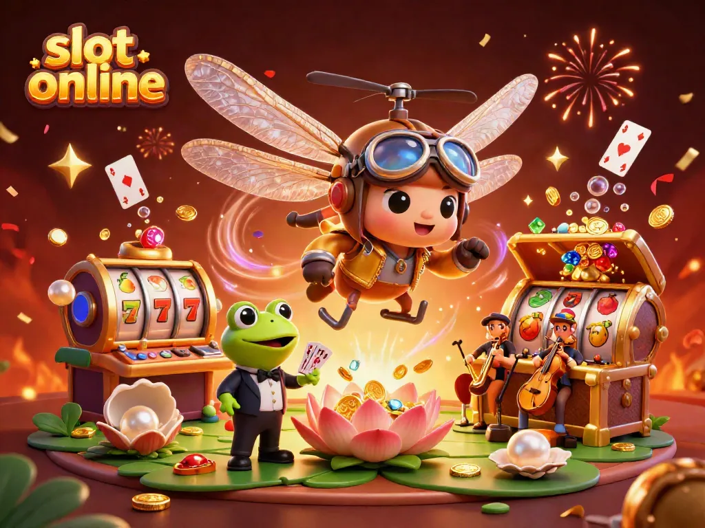 Engage with the excitement of slot online gaming, featuring vibrant characters and dynamic casino elements.