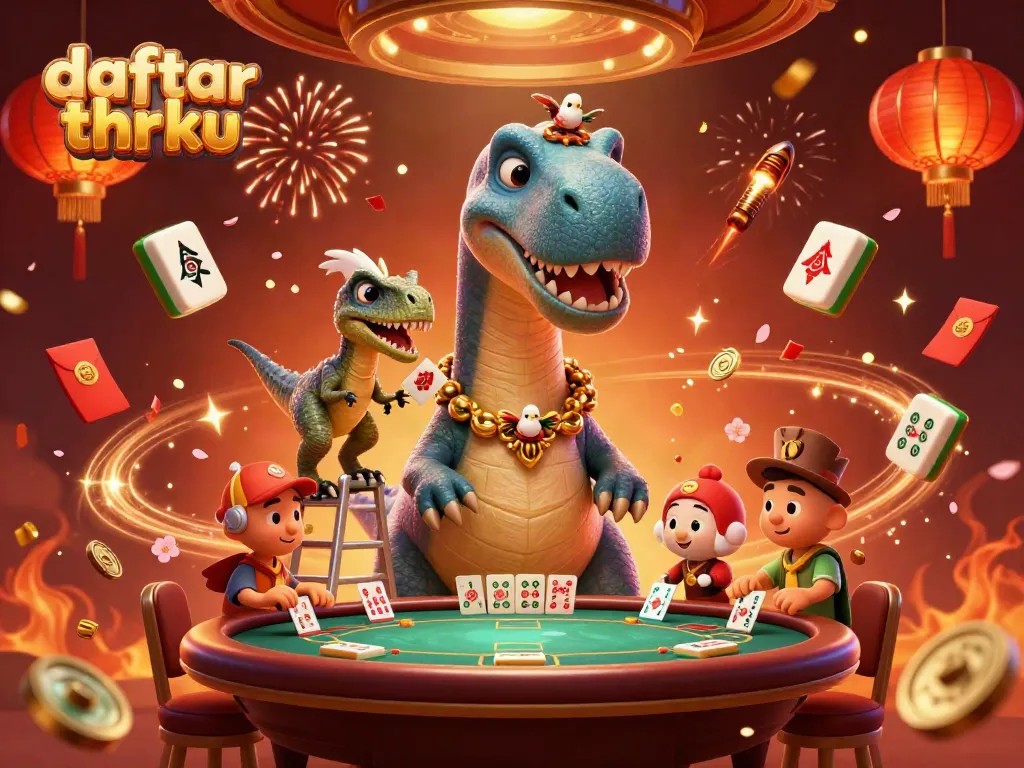 Engage with daftar thrku in a vibrant, dynamic casino scene surrounded by games and festive elements.
