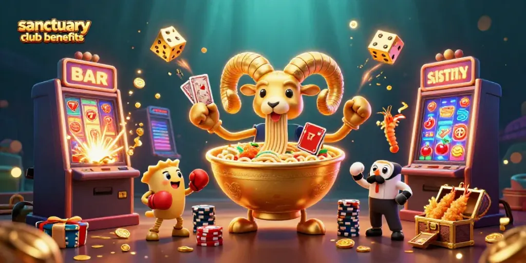 The illustration highlights sanctuary club benefits with a vibrant casino scene featuring playful characters and dynamic game elements.