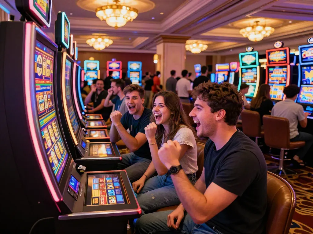 Friends celebrating a big win at a colorful สล็อต slot machine in a vibrant casino setting.