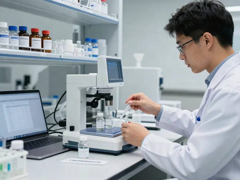 Scientist analyzing 5-Amino-1MQ for sale in a modern laboratory.