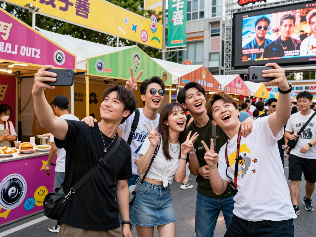 Celebrities look alike at a lively urban festival, enjoying celebrity-themed attractions.
