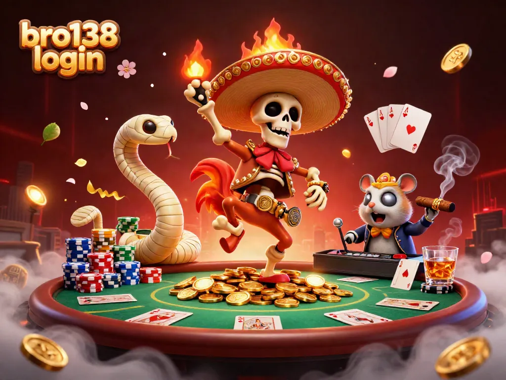 Engage with bro138 login as a vibrant mariachi rooster celebrates amidst casino elements.