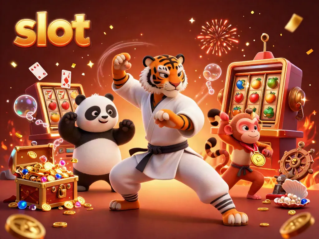 Cultivating excitement around slots with a kung fu tiger master, panda disciple, and playful monkey in a vibrant casino scene.