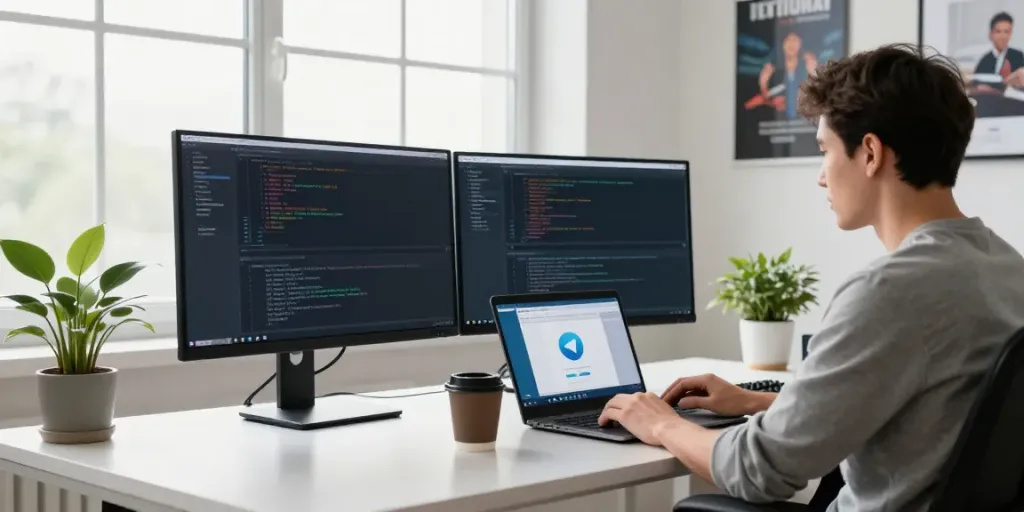 Developer coding telegram下载 integration in a modern tech office with dual monitors.