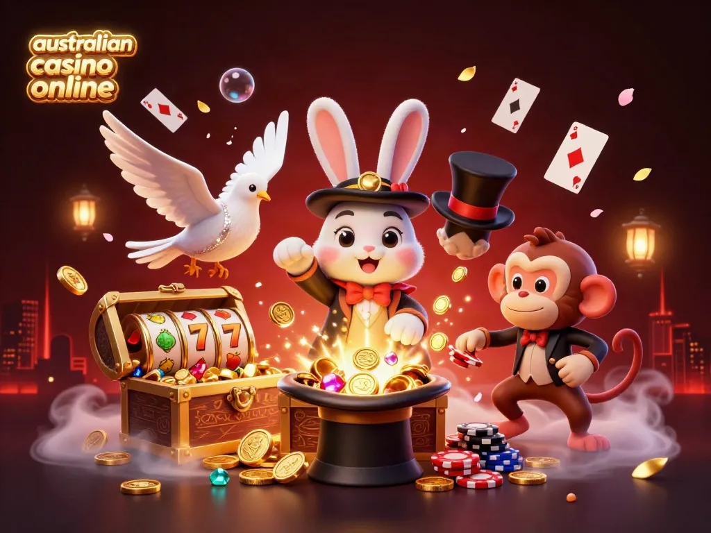 A captivating 3D digital scene showcasing the "australian casino online" theme with a magician rabbit, dove, and monkey amidst gold coins and slot reels.