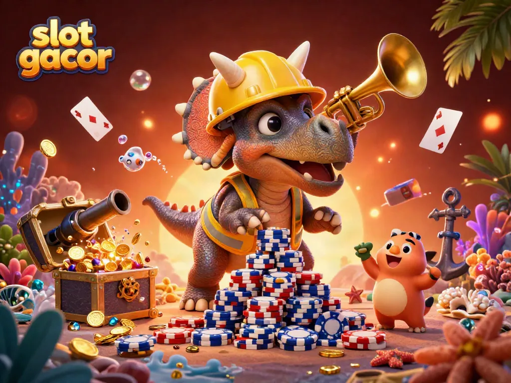Spin slot gacor wheels with excitement as the triceratops stacks poker chips in a vibrant celebration