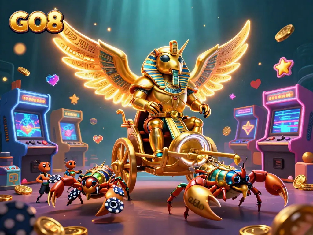 Experience GO8 with a golden scarab and scorpions in a lively casino scene.