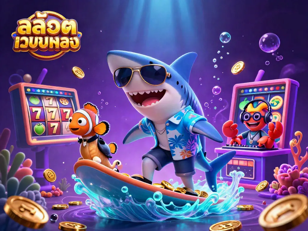 Engaging casino illustration showcasing สล็อตเว็บตรงทั้งหมด with a playful shark and vibrant gaming elements.