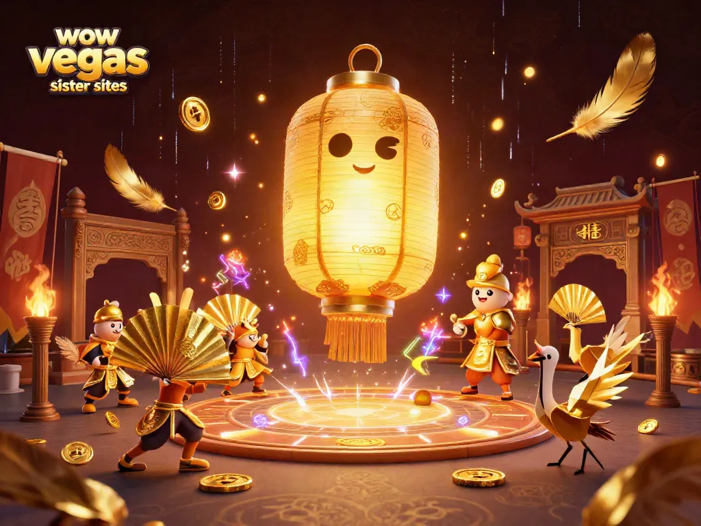 Spin to win at wow vegas sister sites featuring golden lanterns and colorful casino elements.