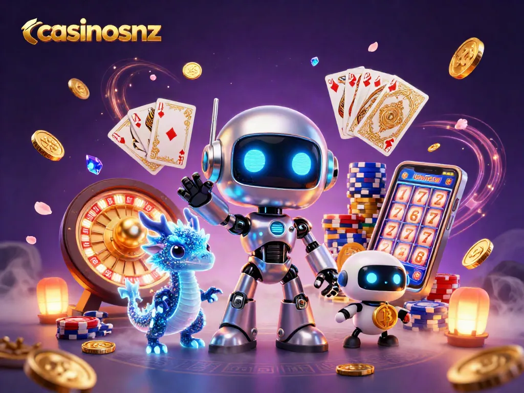 Engage with casinosnz through vibrant digital gaming treasure featuring a chrome mascot and iconic casino elements.