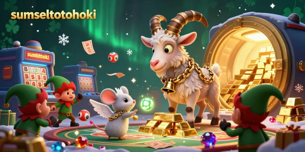 Engage with the sumseltotohoki lottery casino scene featuring a Krampus goat in control, with lottery tickets scattered by playful elf gremlins.