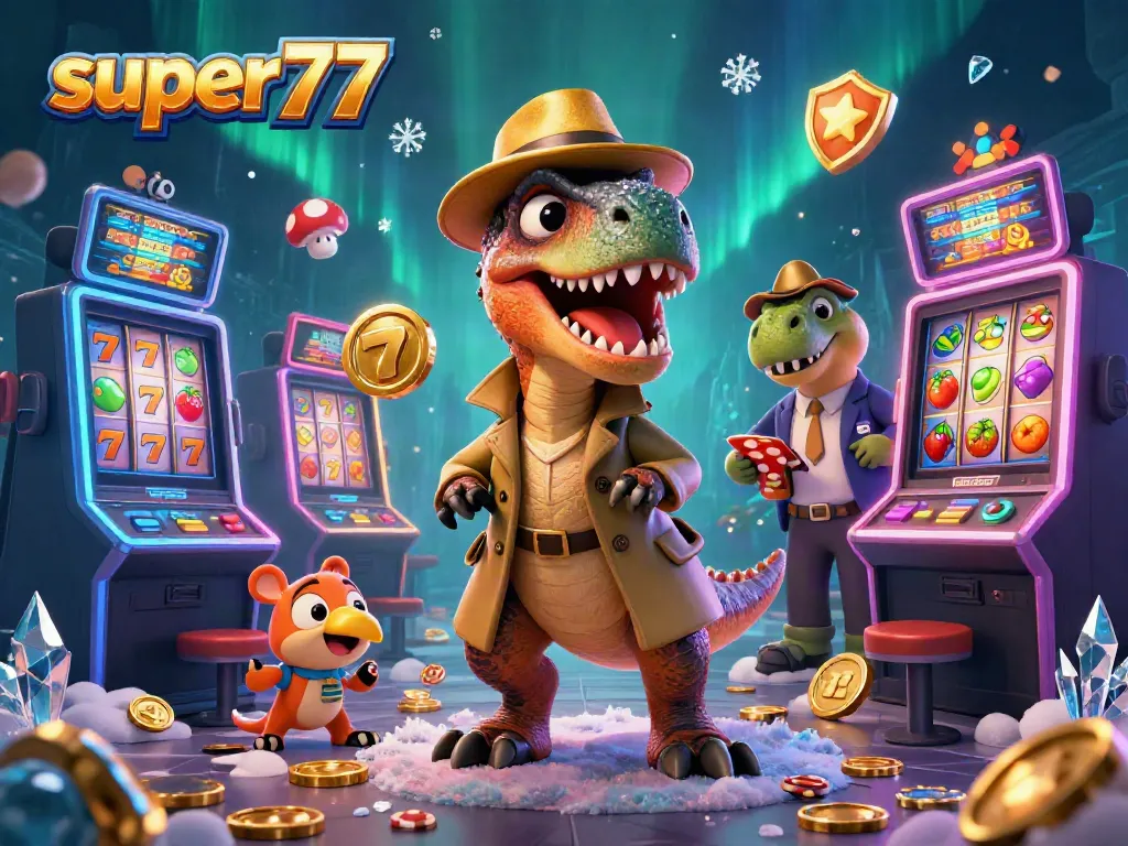 Play the super77 slot machines with a velociraptor at a vibrant casino scene.