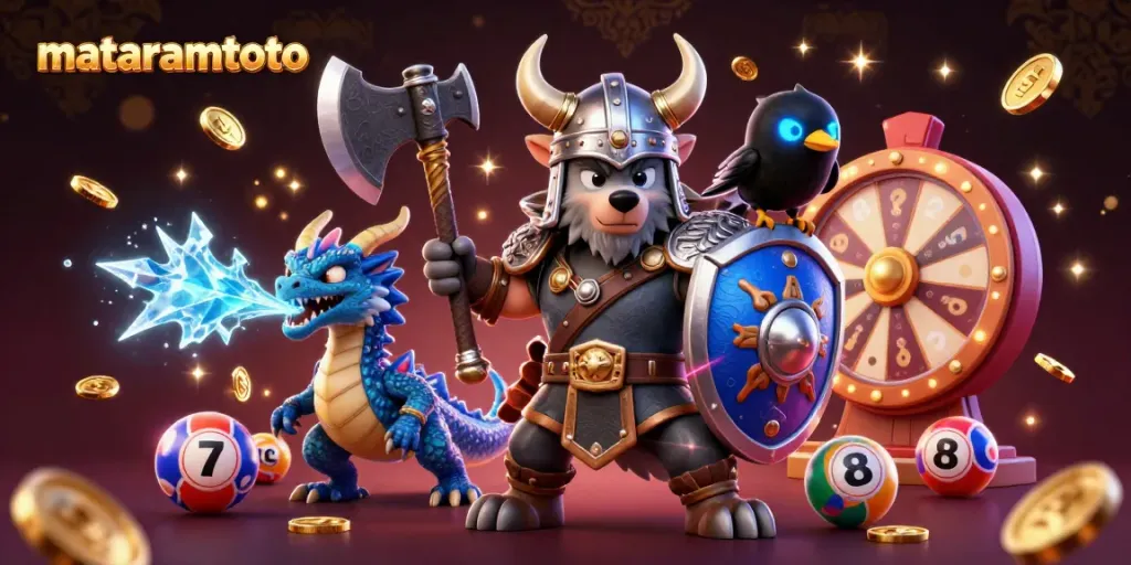 Experience the thrill of mataramtoto with a Viking warrior and mystical creatures at a lively lottery event.
