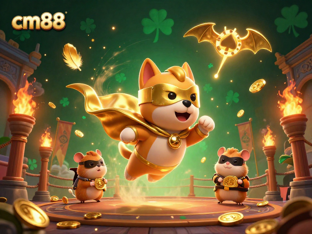 Join the thrill at cm88 with a flying superhero dog and hamster amidst an exciting casino scene.