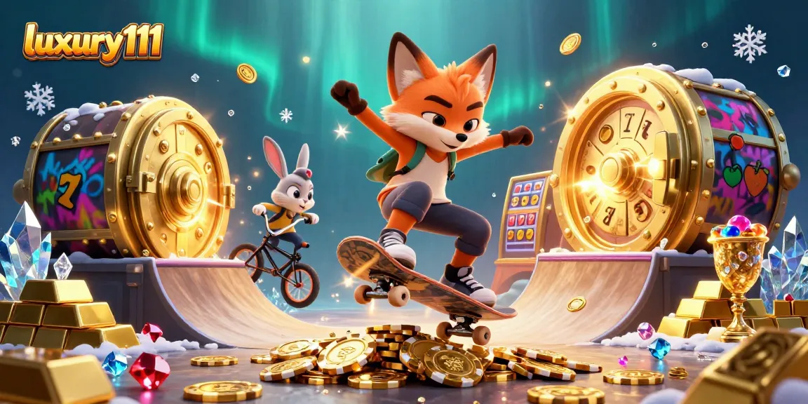 Engage in thrilling gameplay with luxury111 as a skateboarder fox jumps over poker chips.